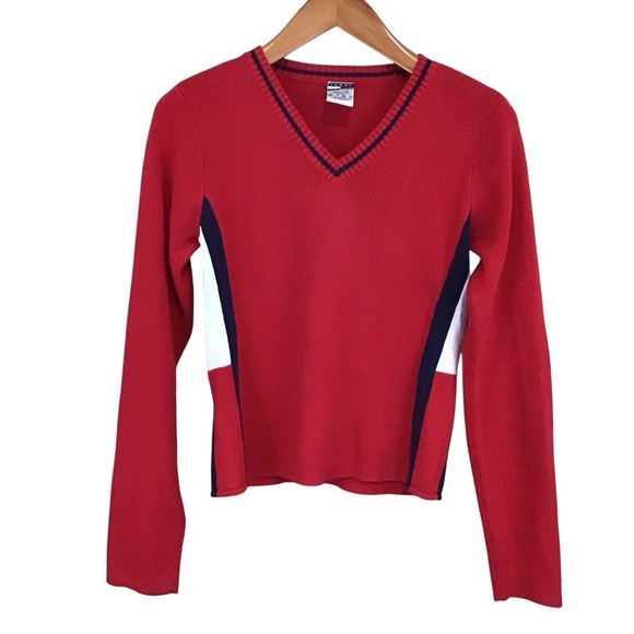 Vintage Tommy Jeans 2002 Signature Fitted Ribbed Red V-Neck Sweater L - Picture 1 of 10